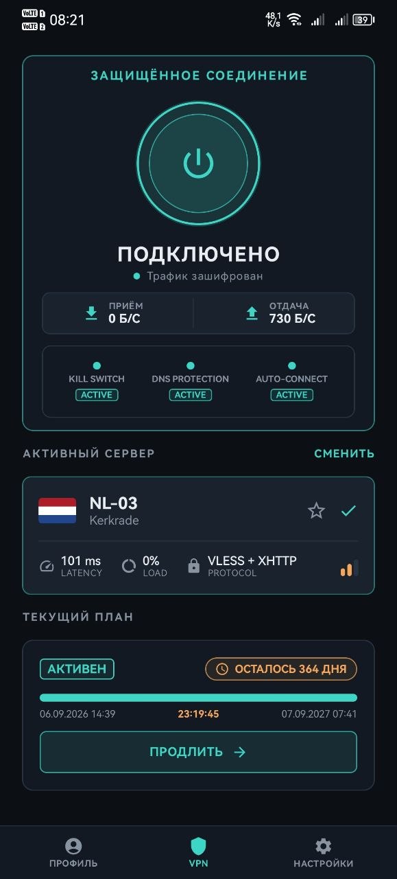 Экран приложения Просто VPN: защищённое соединение активно